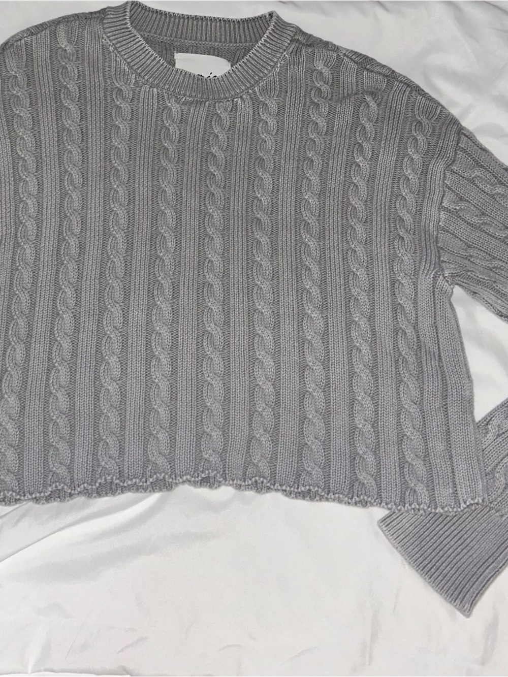 aerie Gray Cable Knit Crewneck Sweater